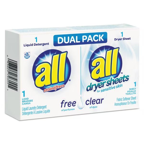Free Clear HE Liquid Laundry Detergent/Dryer Sheet Dual Pack, PK100, All, Mfr#: 1R-2979355